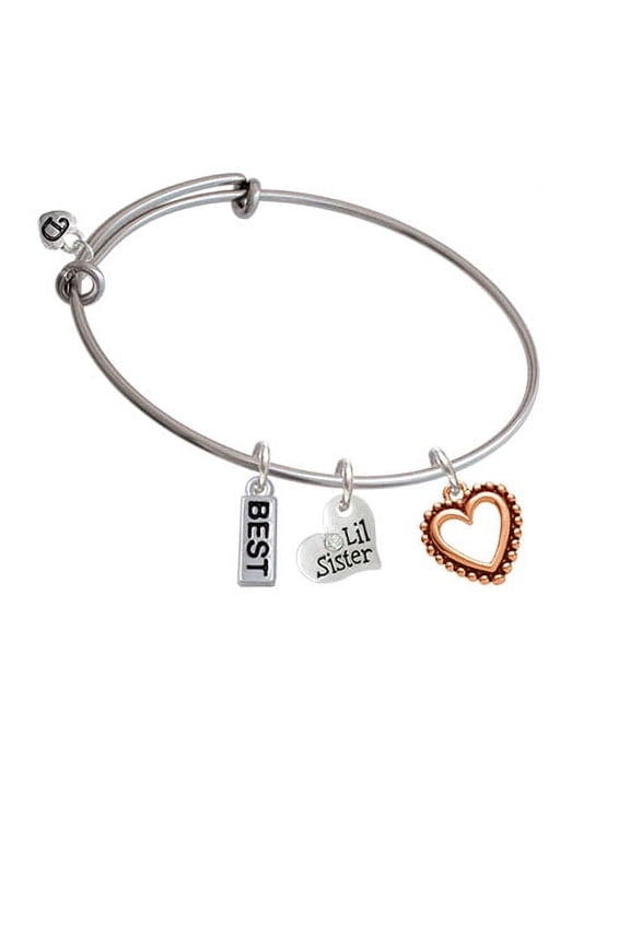 Open Rose Gold Tone Heart Lil Sister Heart Expandable Bangle Bracelet
