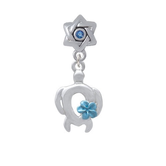 Open Sea Turtle with Blue Plumeria - Star of David with Blue Crystal Charm Bead