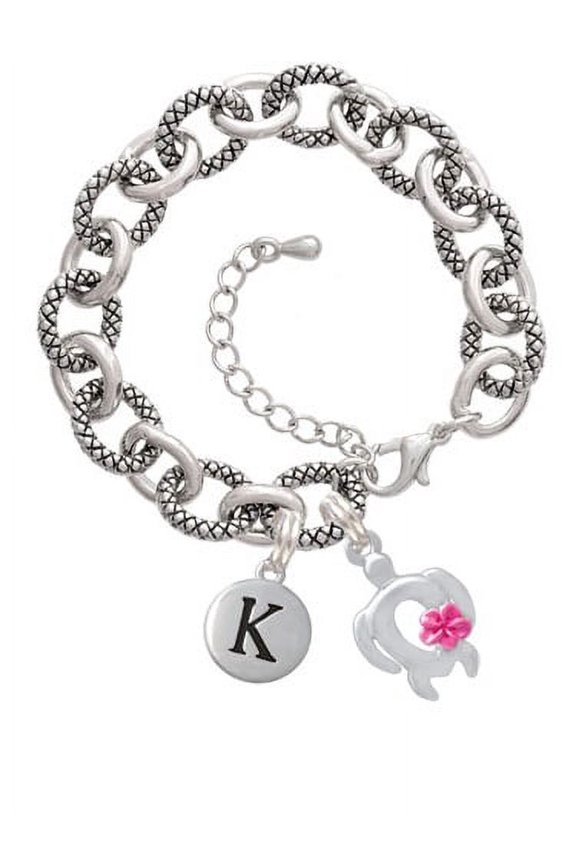 Open Sea Turtle with Hot Pink Plumeria -K- Pebble Initial Diana Bracelet