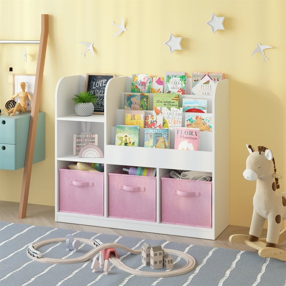 Open Shelf Bookcase Toy Storage Organizer For Kids with 3 Foldable Fabric Drawers, Wooden Toy Chest Display Cabinet Rack With Storage Cubbies For Bedroom