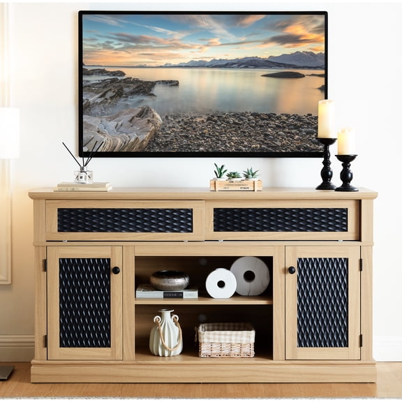 Open Shelf Tv Console, 65" Compatible, Oak , Spacious Media Console With Design,
