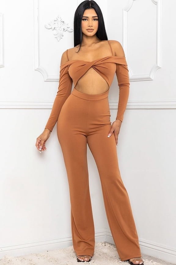 Open Shoulder Cutout Detail Jumpsuit Cinnamon M