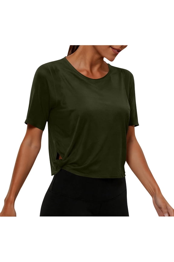 Open Side Crew Neck Short Sleeve Yoga Crop Top for Women Loose Workout Shirts Casual Cropped T-Shirts