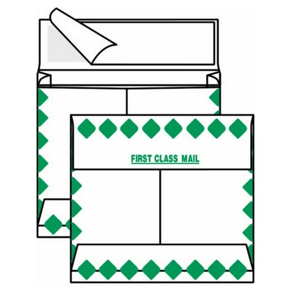 Open Side Expansion Tyvek Booklet Envelopes, 12" x 16" 18# Green Diamond Border, 'First Class Mail' on Face (Box of 100)