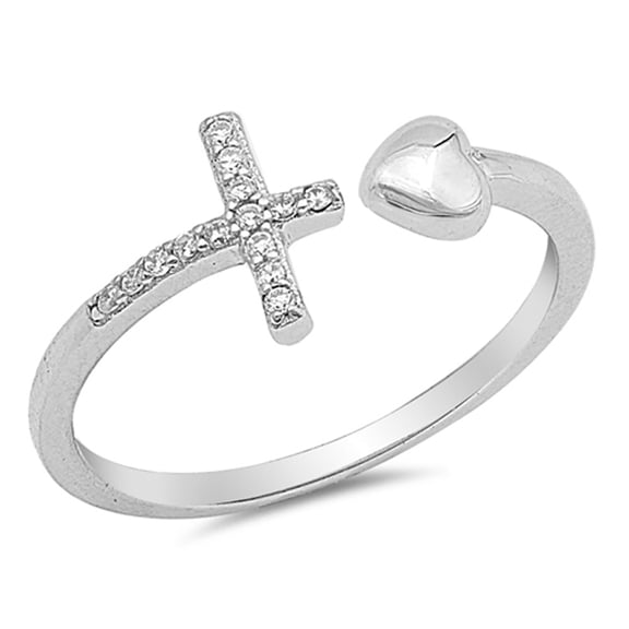 Open Sideways Cross Heart White Cubic Zirconia Ring .925 Sterling Silver Band Jewelry Female Size 10