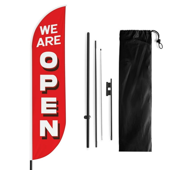 We Are Open Sign Feather flag Pole Mount for Outdoor by Mavis Print | 15 FEET Long Polyester Outdoor Banner Flag Pole Kit for Easy Hang | HD Print Swooper Flag Pole Stand for Business Advertisin