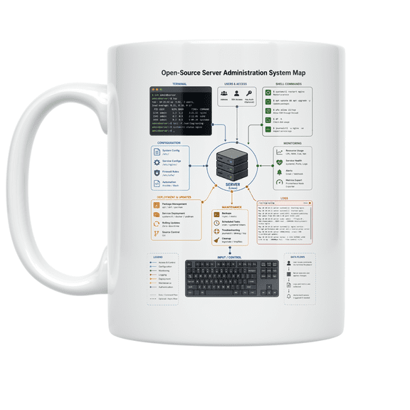 Open-Source Server Administration System Map Mug, Server Admins, Tech Teams, and Open-Source Enthusiasts, 11 oz White Ceramic