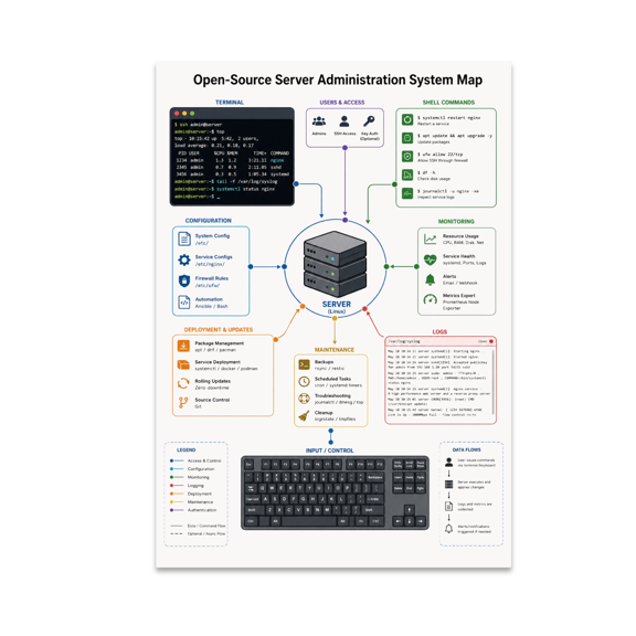 Open-Source Server Administration System Map Poster, Server Rooms, Tech Offices, Learning Spaces, and Team Recognition, 13x19 Glossy Paper