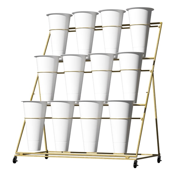 Open Staircase Flower Display Stand, 3 Tier Rolling Plant Cart with 12 White Buckets & Wheels, Sunlight-Friendly Gold Rack for Balcony Herb Garden