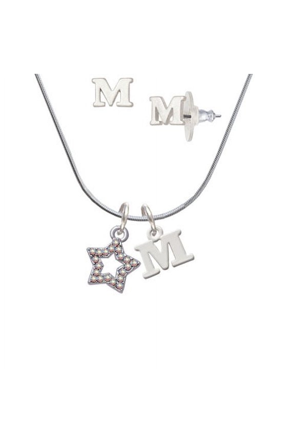Open Star with Clear AB Crystals - M Initial Charm Necklace and Stud Earrings Jewelry Set