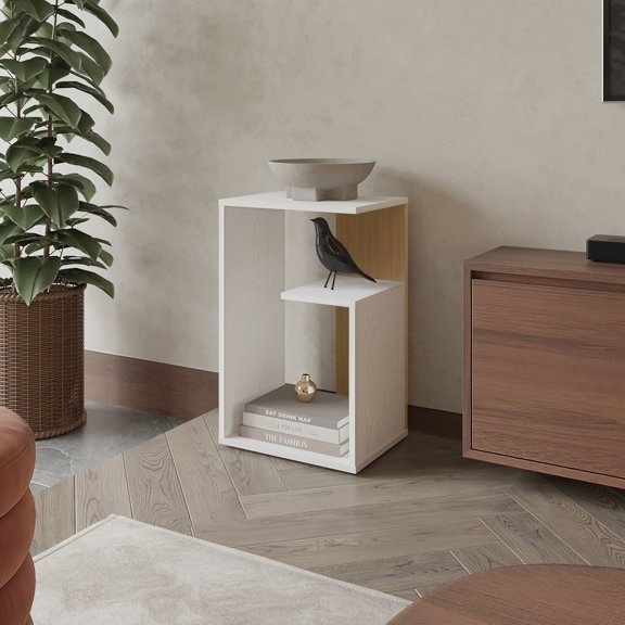 Open Storage Side Table In White And Oak - Stylish For All Spaces Compact Everywhere