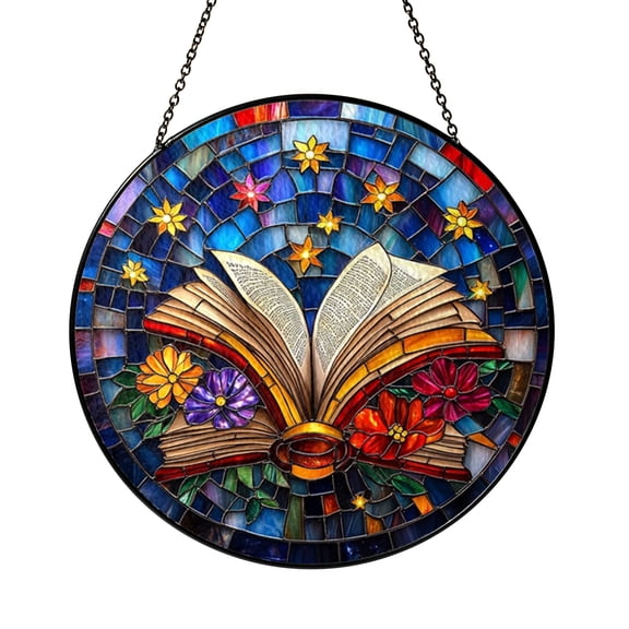 Open Story Book Stained Glass Suncatcher Window Decor, Literary Glass Art Hanging Ornament with Flowers and Star Pattern, Round Sun Catcher Panel Gift Idea for Book Lovers