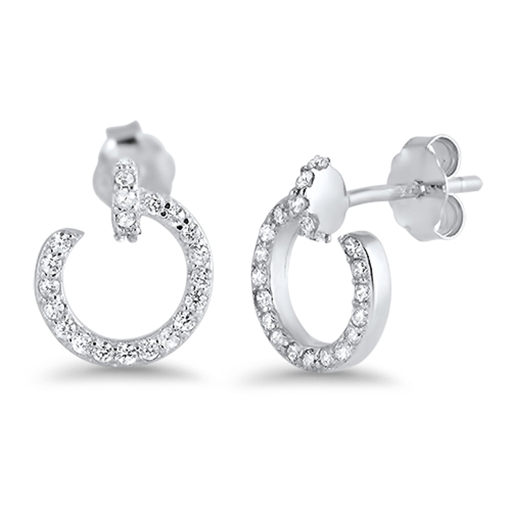 Open Studded Hoop Tiny Clear Cubic Zirconia .925 Sterling Silver Earrings Jewelry Female Unisex