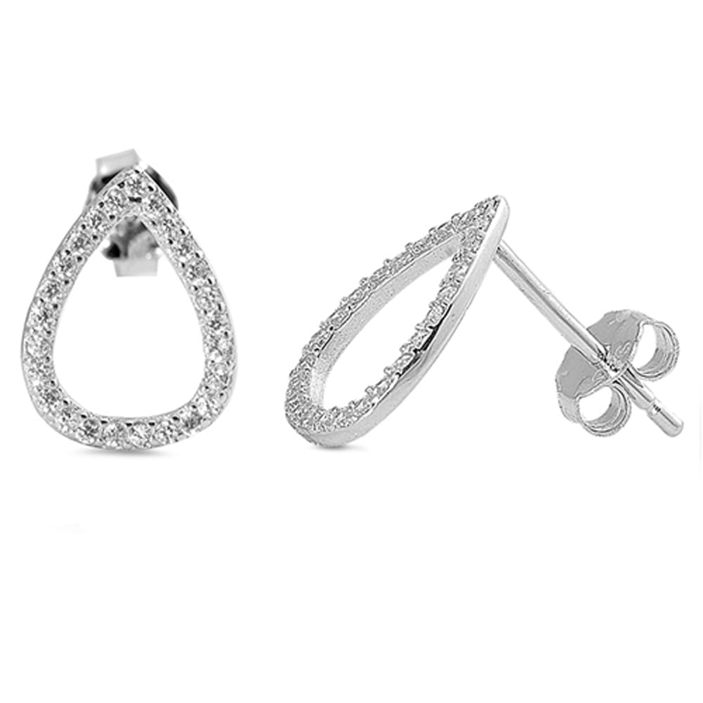 Open Studded Teardrop Clear Cubic Zirconia .925 Sterling Silver Earrings Jewelry Female Unisex