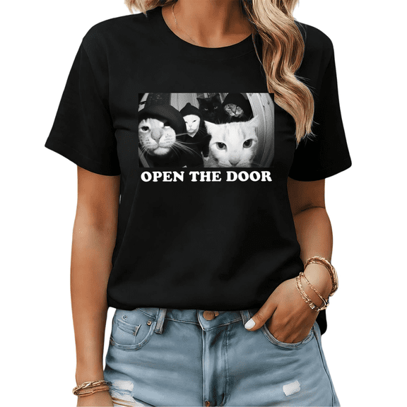 Open The Door Cat Gang Meme Graphic Tees Womans Tshirt Shirts Black White S-5XL Tops