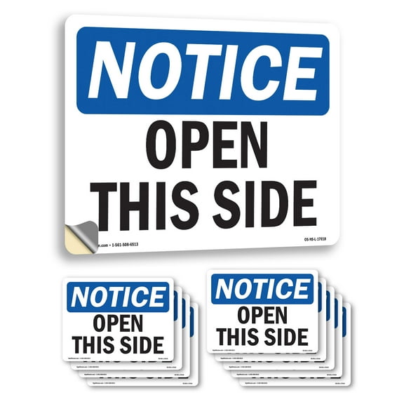 Open This Side OSHA Notice Vinyl Decal Label 18 Inch x 12 Inch - 10 Pack