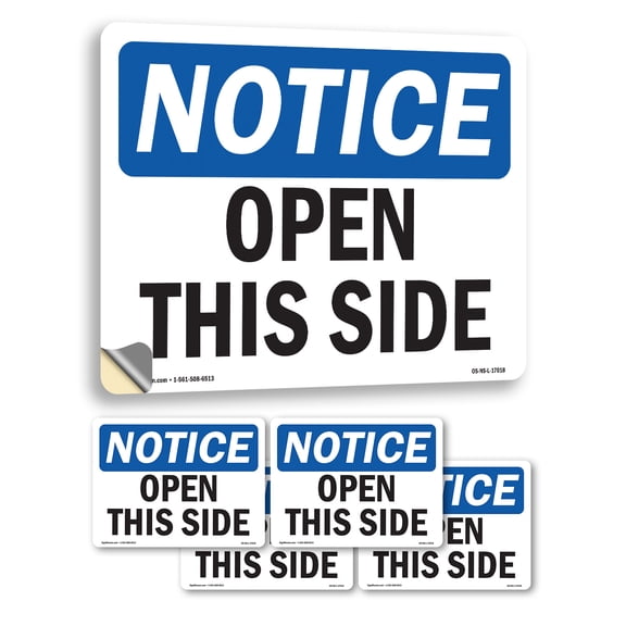 Open This Side OSHA Notice Vinyl Decal Label 7 Inch x 5 Inch - 5 Pack