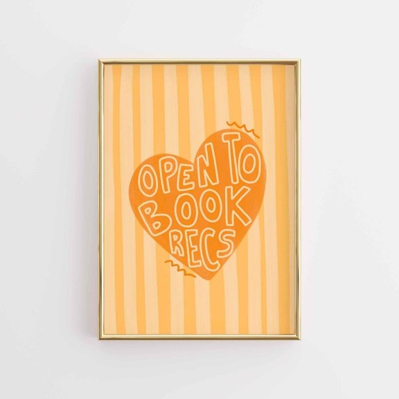 Open To Book Recs Print, Orange Heart Bookish Wall Art, Poster Only