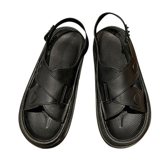Open-Toe, Anti-Slip, Comfortable Thick Sole, Ankle Strap Flat Sandals for Beach - Black, Size 36-37 Stylish Women's Cross-Strap Sandals
