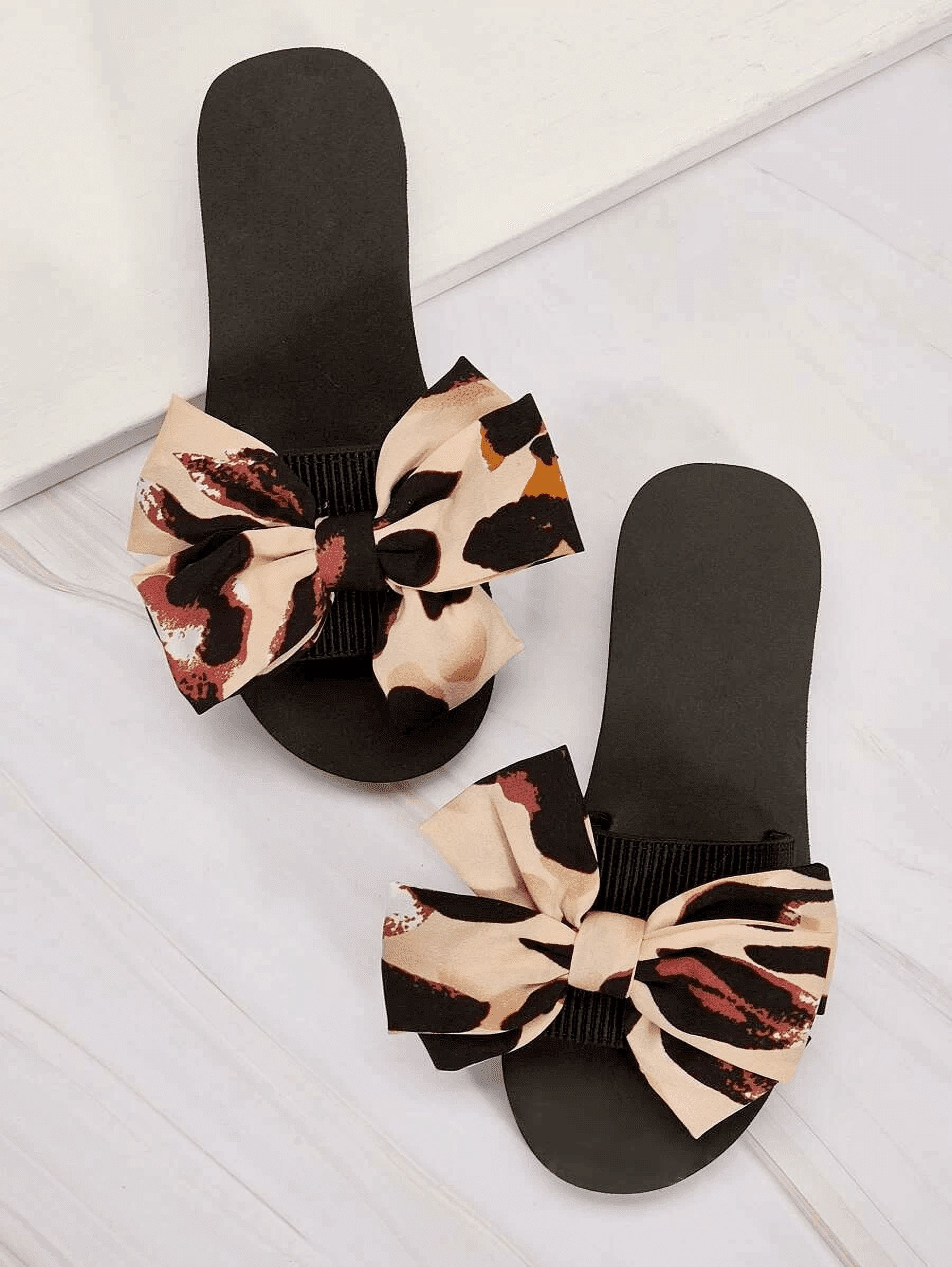 Open Toe Brown Bow Decor Sliders