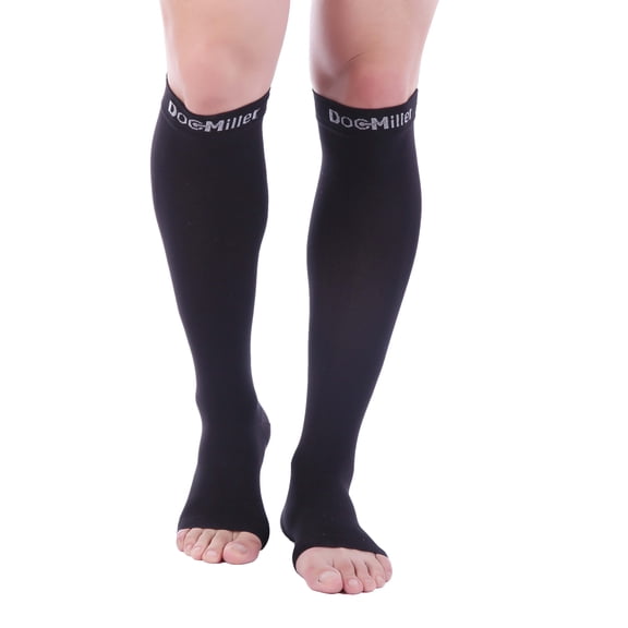 Open Toe Compression Socks, 20-30 mmHg, Toeless Compression Sleeves for Legs, Knee High Stockings for Shin Splints, Varicose Veins, Travel, Black, Small Size, 1 Pair