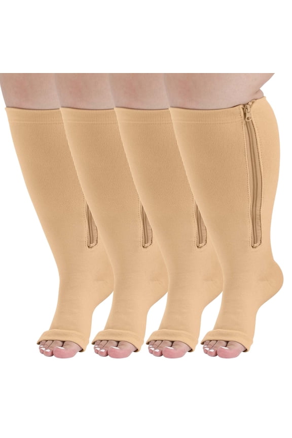 Open Toe Compression Socks, PUTUO Compression Socks for Women and Men, Plus Size Circulation Wide Calf Compression Socks for Women, 20-30 mmhg Pressure Support Zipper Stockings, 2 Pairs