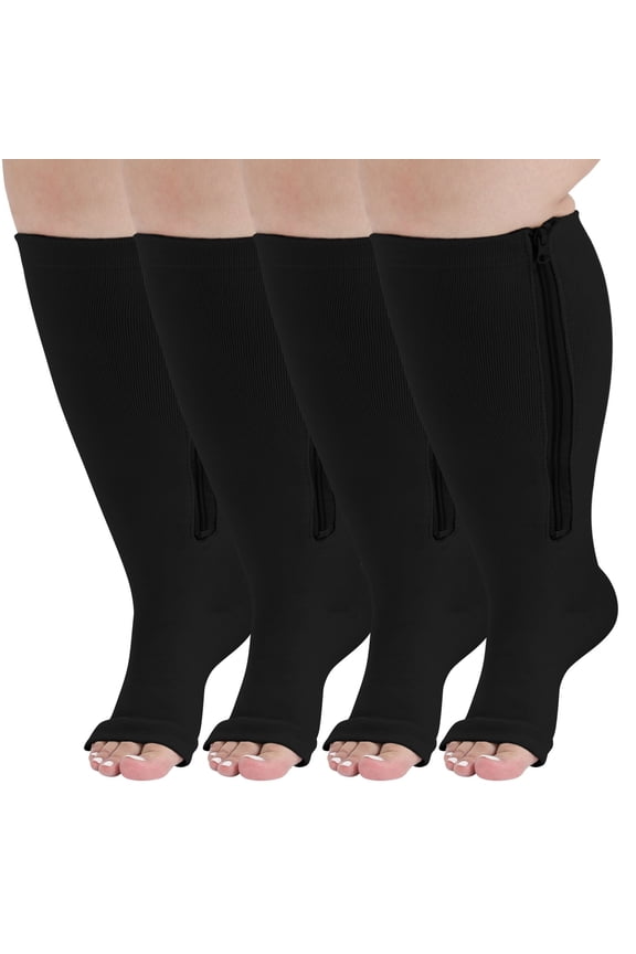 Open Toe Compression Socks, PUTUO Compression Socks for Women and Men, Plus Size Circulation Wide Calf Compression Socks for Women, 20-30 mmhg Pressure Support Zipper Stockings, 2 Pairs