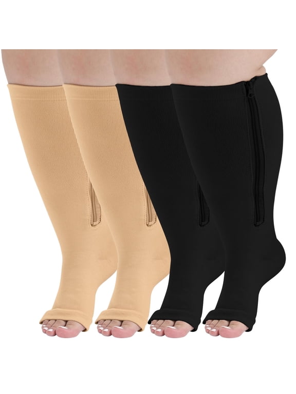 Open Toe Compression Socks, PUTUO Compression Socks for Women and Men, Plus Size Circulation Wide Calf Compression Socks for Women, 20-30 mmhg Pressure Support Zipper Stockings, 2 Pairs