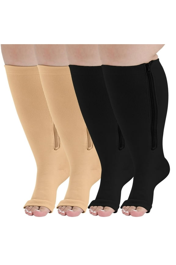 Open Toe Compression Socks, PUTUO Compression Socks for Women and Men, Plus Size Circulation Wide Calf Compression Socks for Women, 20-30 mmhg Pressure Support Zipper Stockings, 2 Pairs