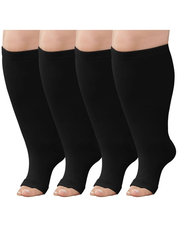 Open Toe Compression Socks Women, LOFIR Compression Socks for Women and Men - 2 Pairs of 20-30 mmHg Knee High Stockings, Plus Size Toeless Compression Socks for Women Wide Calf, Black, 3XL