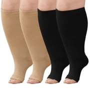 Open Toe Compression Socks Women, LOFIR Compression Socks for Women and Men - 2 Pairs of 20-30 mmHg Knee High Stockings, Plus Size Toeless Compression Socks for Women Wide Calf, Mixed Color, 2XL