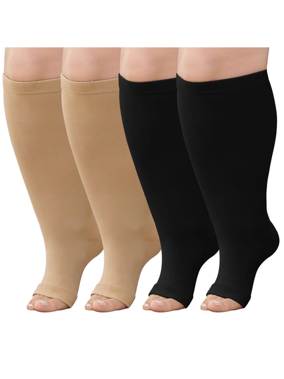 Open Toe Compression Socks Women, LOFIR Compression Socks for Women and Men - 2 Pairs of 20-30 mmHg Knee High Stockings, Plus Size Toeless Compression Socks for Women Wide Calf, Mixed Color, 2XL