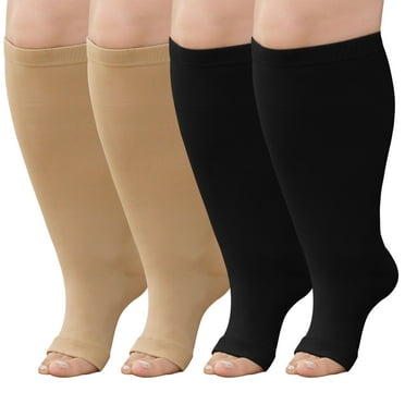 Open Toe Compression Socks Women, LOFIR Compression Socks for Women and Men - 2 Pairs of 20-30 mmHg Knee High Stockings, Plus Size Toeless Compression Socks for Women Wide Calf, Mixed Color, 2XL