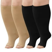 Open Toe Compression Socks Women, LOFIR Compression Socks for Women and Men - 2 Pairs of 20-30 mmHg Knee High Stockings, Plus Size Toeless Compression Socks for Women Wide Calf, Mixed Color, 4XL