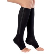 Open Toe Compression Socks for Women and Men, 2 Pair, Zippered Knee Length Coverage, Relieve Inflammation, Swelling and Fatigue in Legs, Calf, Ankles, or Feet Free Eyeglass Pouch (Reg, Black)