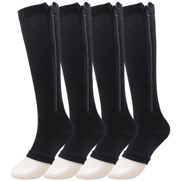 Open Toe Athletic Support Socks: Zipper Athletic Support Socks for Women & Men, 15-20 mmHg Knee High Athletic Support Socks, 2 Pairs