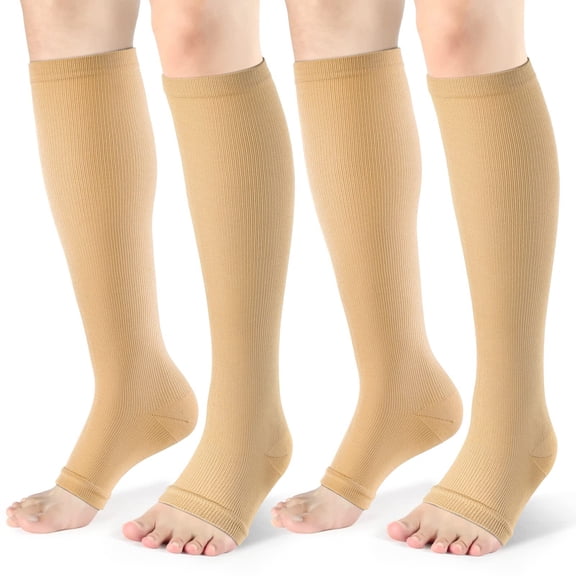 Open Toe Compression Socks for Men & Women - 2 Pairs of 15-20 mmhg Knee High Stockings for Circulation Support