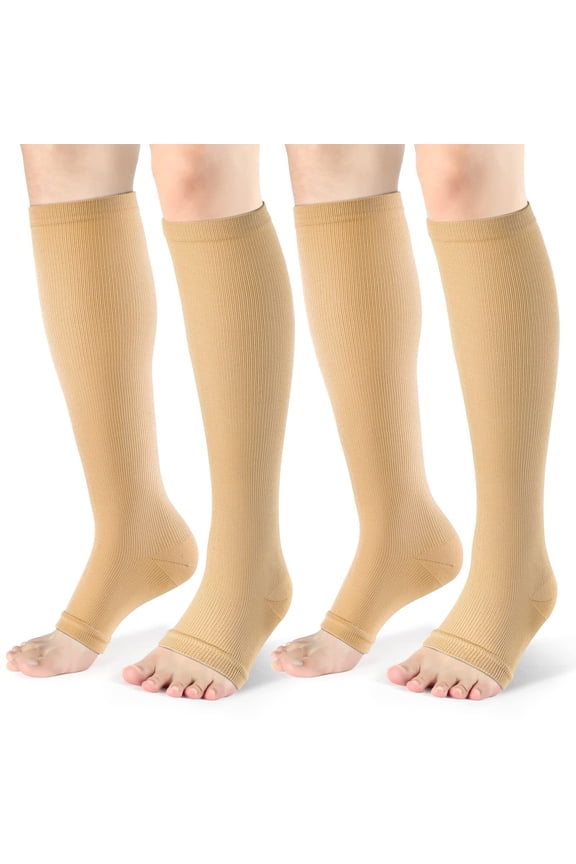Open Toe Compression Socks for Men & Women - 2 Pairs of 15-20 mmhg Knee High Stockings for Circulation Support