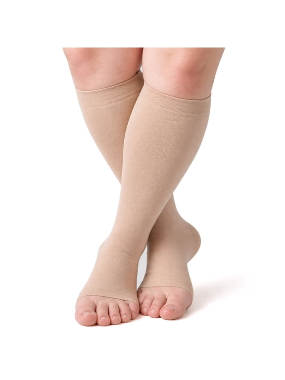 Open Toe Compression Socks for Women Men, 20-30 mmHg Toeless Compression Socks Wide Calf Plus Size ,1 Pairs(2XL,Beige)