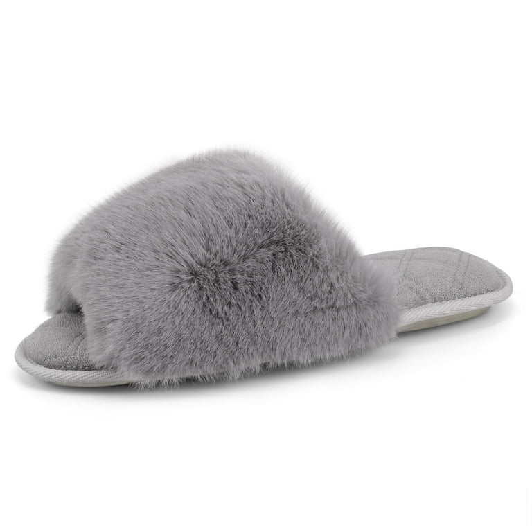 Open Toe Fuzzy Slippers for Women, Grey Plain House Shoes Home