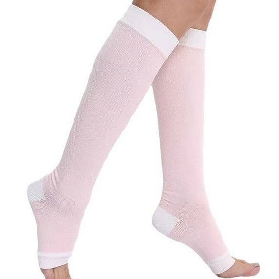 Open Toe Graduated Compression Socks - Firm Pressure Knee High Toeless Support Stockings for Circulation, Pink L, Size S-XXL