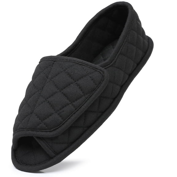 Open Toe Plaid Slippers for Women Memory Foam Adjustable Hook & Loop Closure Wide House Shoes, Black 9
