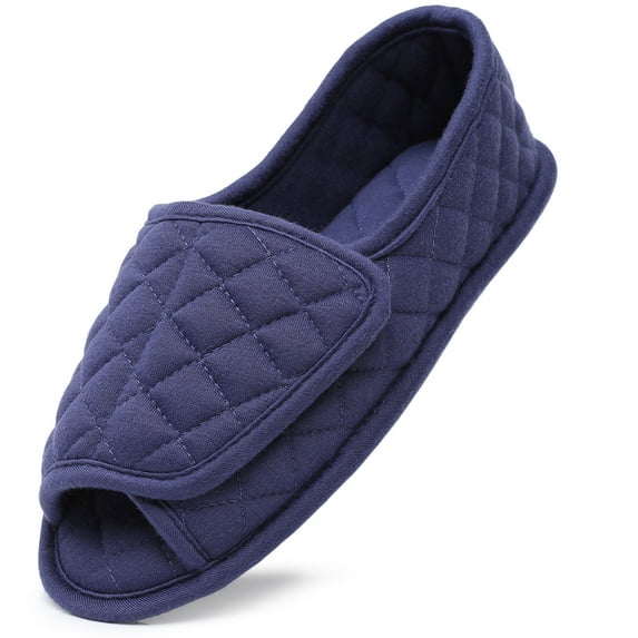Open Toe Plaid Slippers for Women Memory Foam Adjustable Hook & Loop Closure Wide House Shoes, Blue 10