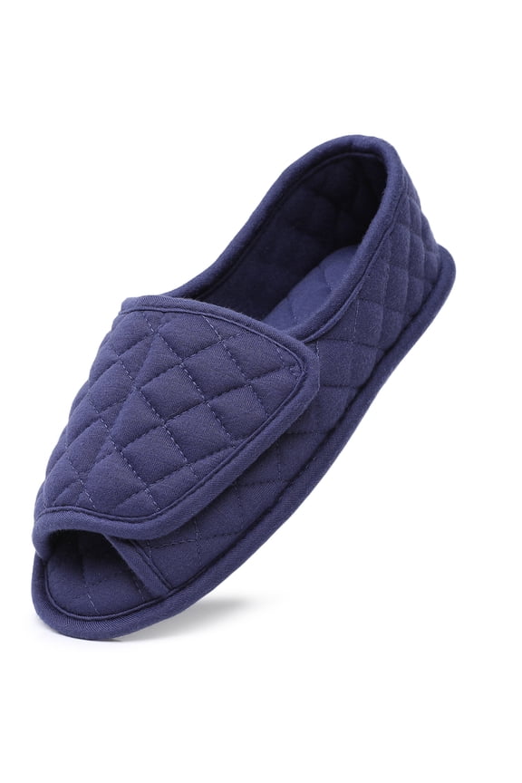 Open Toe Plaid Slippers for Women Memory Foam Adjustable Hook & Loop Closure Wide House Shoes, Blue 9