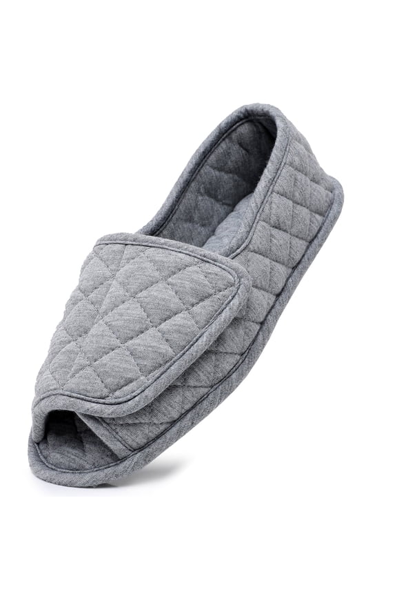 Open Toe Plaid Slippers for Women Memory Foam Adjustable Hook & Loop Closure Wide House Shoes, Grey 8