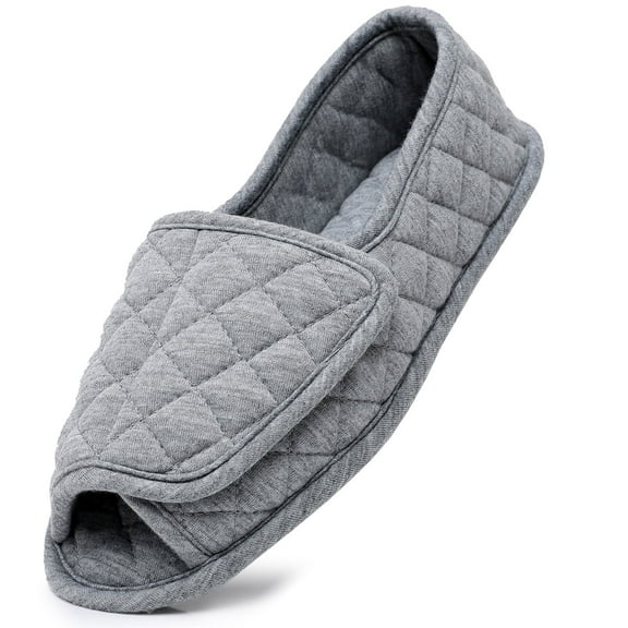 Open Toe Plaid Slippers for Women Memory Foam Adjustable Hook & Loop Closure Wide House Shoes, Grey 9