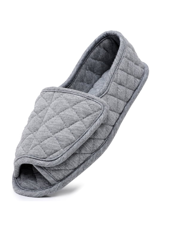 Open Toe Plaid Slippers for Women Memory Foam Adjustable Hook & Loop Closure Wide House Shoes, Grey 9