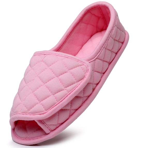Open Toe Plaid Slippers for Women Memory Foam Adjustable Hook & Loop Closure Wide House Shoes, Pink 7