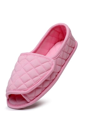 Open Toe Plaid Slippers for Women Memory Foam Adjustable Hook & Loop Closure Wide House Shoes, Pink 8