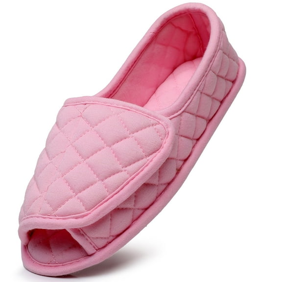 Open Toe Plaid Slippers for Women Memory Foam Adjustable Hook & Loop Closure Wide House Shoes, Pink 9